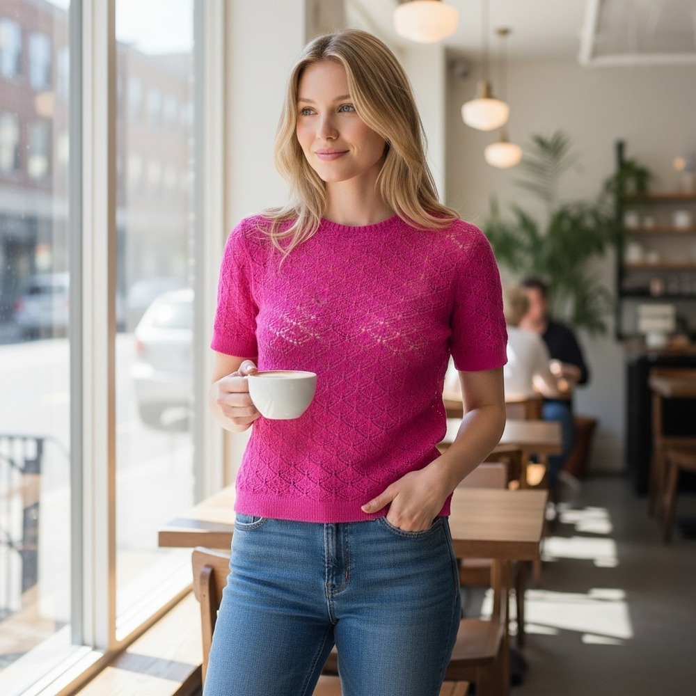 Mango Crochet Open Knit Sweater‎ Top Short Sleeve Pink S Boho Summer Barbie Y2k